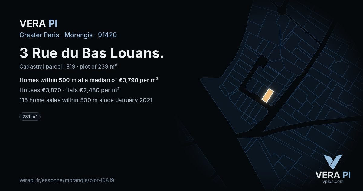 3 Rue du Bas Louans, Morangis at night – the plot lit, the parcels around coloured by the prices near them