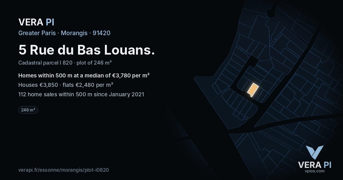 5 Rue du Bas Louans, Morangis at night – the plot lit, the parcels around coloured by the prices near them