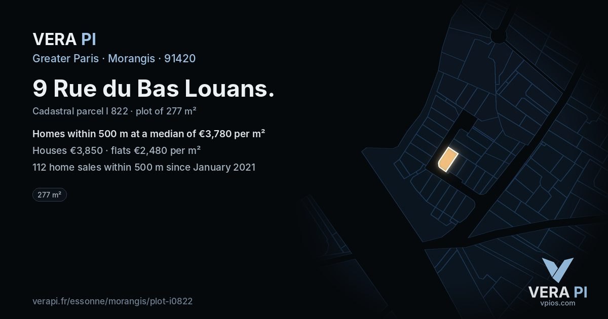 9 Rue du Bas Louans, Morangis at night – the plot lit, the parcels around coloured by the prices near them