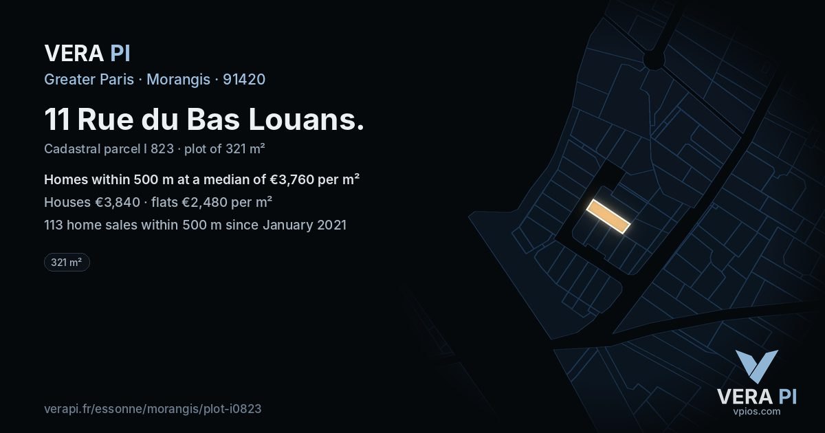 11 Rue du Bas Louans, Morangis at night – the plot lit, the parcels around coloured by the prices near them