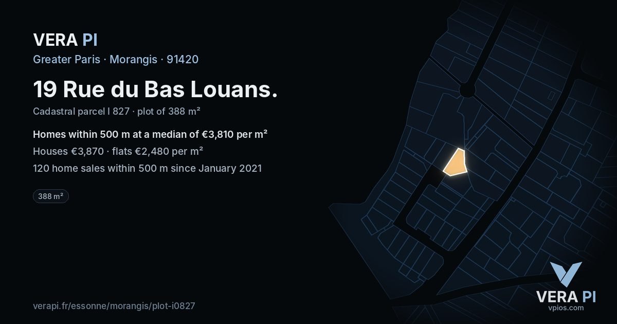 19 Rue du Bas Louans, Morangis at night – the plot lit, the parcels around coloured by the prices near them