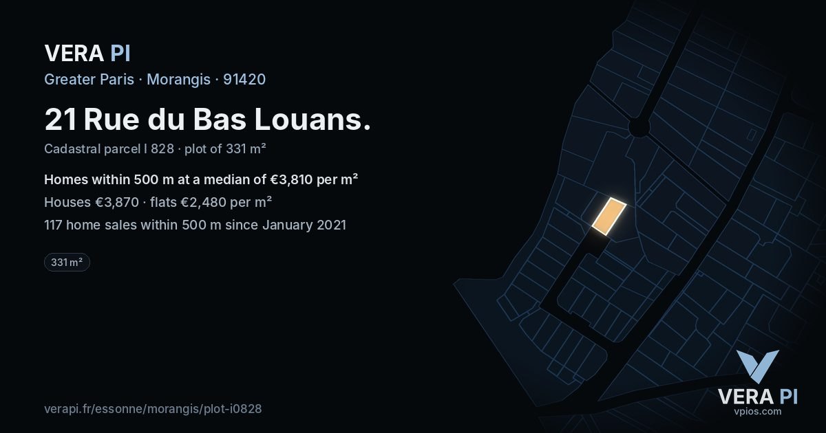 21 Rue du Bas Louans, Morangis at night – the plot lit, the parcels around coloured by the prices near them