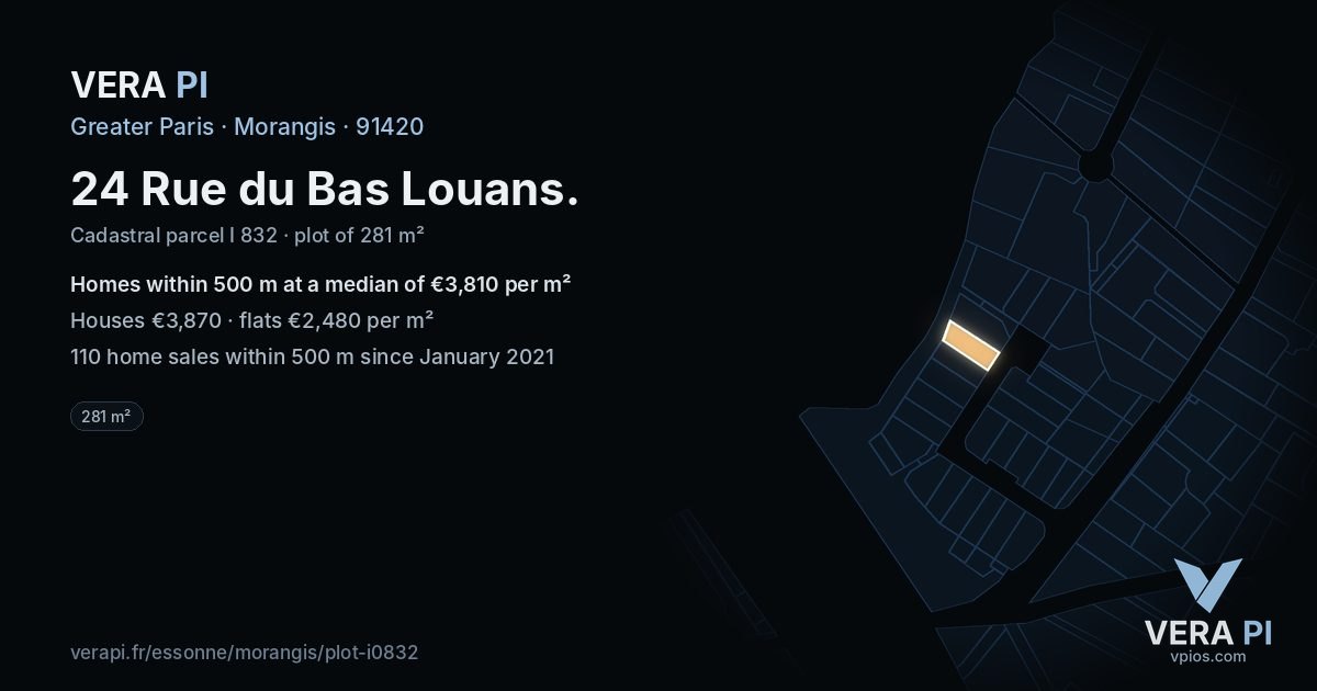 24 Rue du Bas Louans, Morangis at night – the plot lit, the parcels around coloured by the prices near them