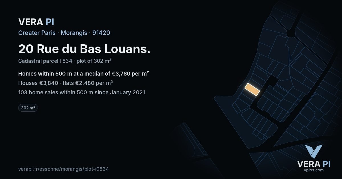 20 Rue du Bas Louans, Morangis at night – the plot lit, the parcels around coloured by the prices near them