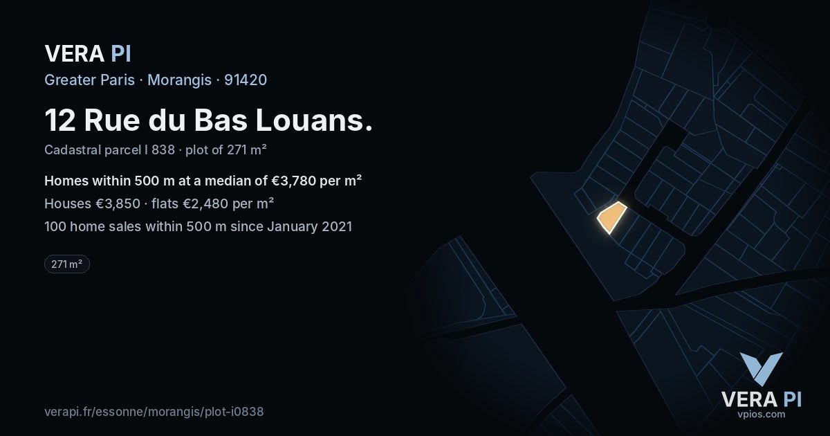12 Rue du Bas Louans, Morangis at night – the plot lit, the parcels around coloured by the prices near them