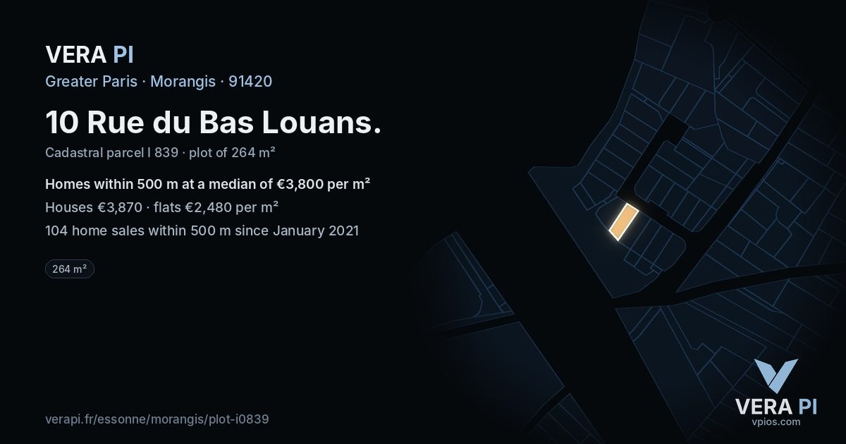 10 Rue du Bas Louans, Morangis at night – the plot lit, the parcels around coloured by the prices near them