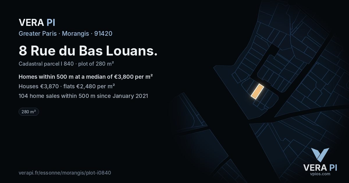 8 Rue du Bas Louans, Morangis at night – the plot lit, the parcels around coloured by the prices near them