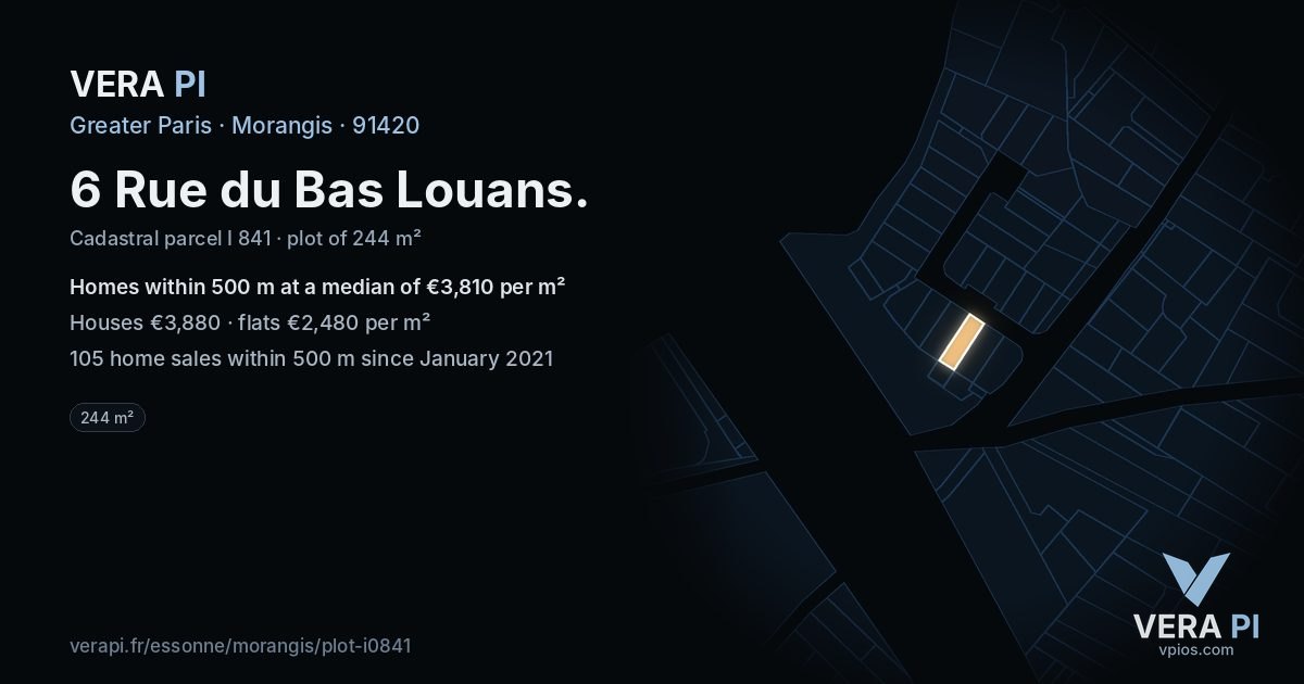 6 Rue du Bas Louans, Morangis at night – the plot lit, the parcels around coloured by the prices near them