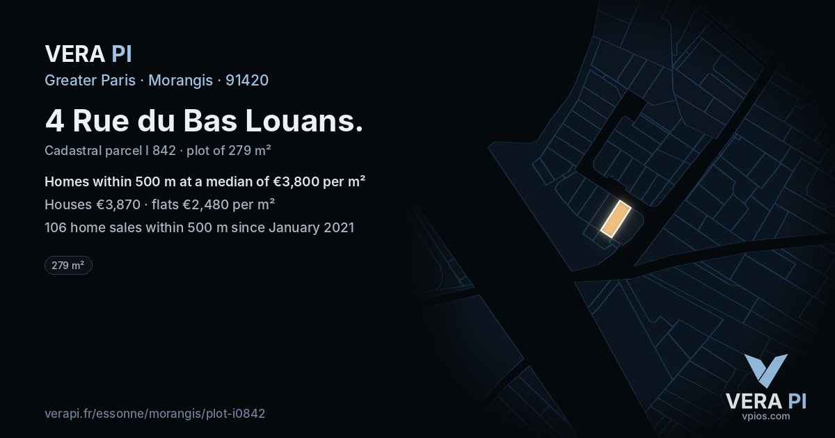 4 Rue du Bas Louans, Morangis at night – the plot lit, the parcels around coloured by the prices near them