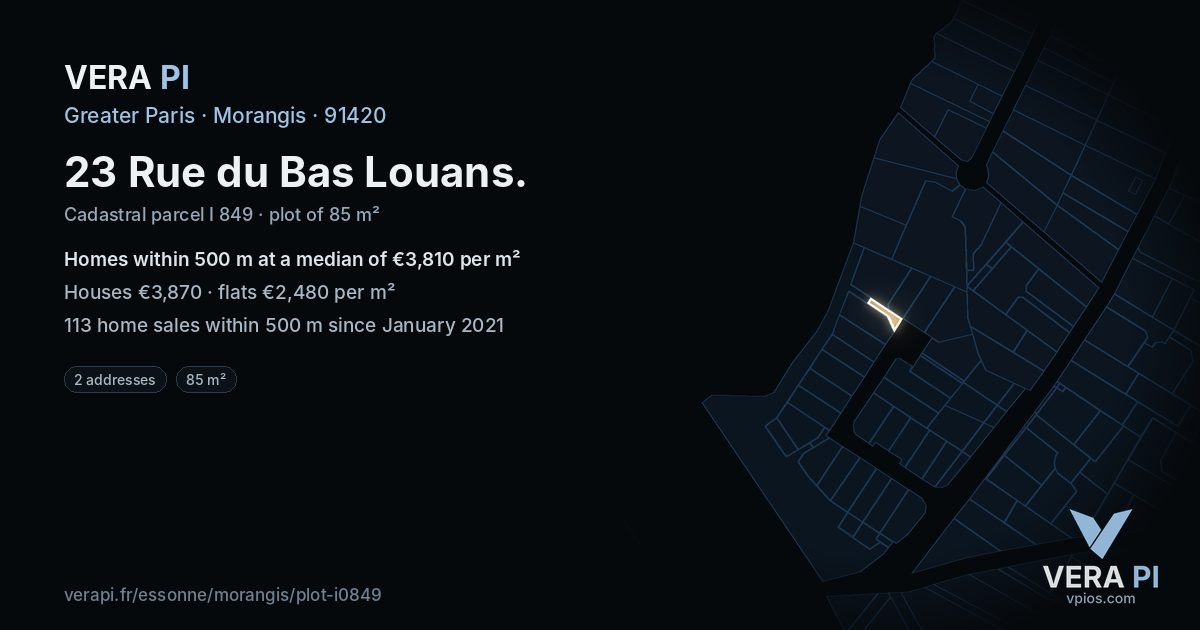 23 Rue du Bas Louans, Morangis at night – the plot lit, the parcels around coloured by the prices near them