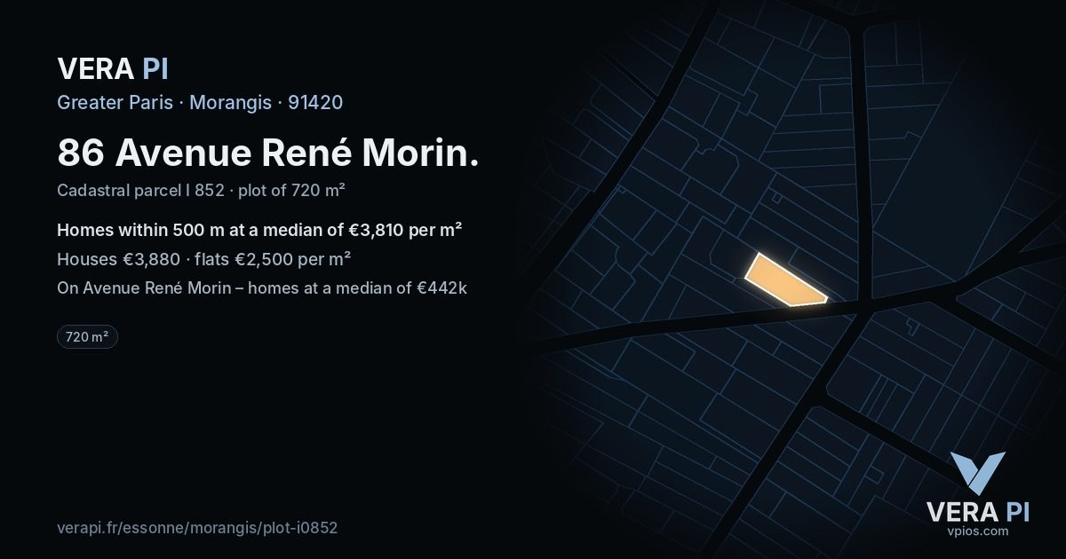 86 Avenue René Morin, Morangis at night – the plot lit, the parcels around coloured by the prices near them