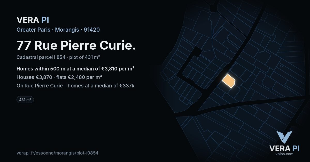 77 Rue Pierre Curie, Morangis at night – the plot lit, the parcels around coloured by the prices near them