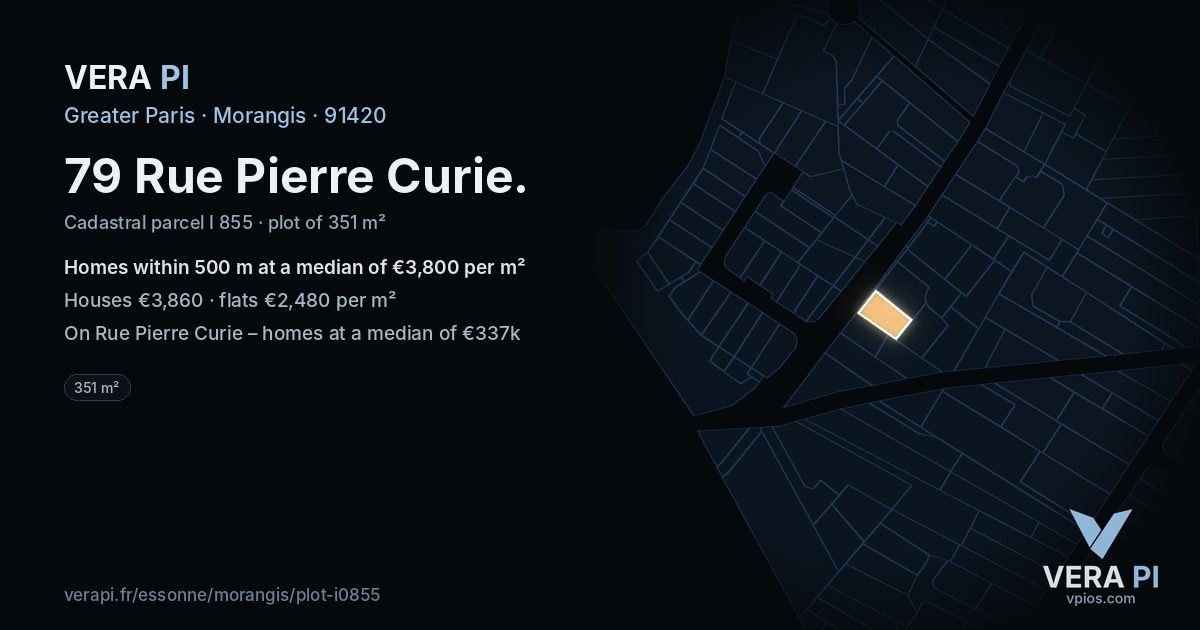 79 Rue Pierre Curie, Morangis at night – the plot lit, the parcels around coloured by the prices near them
