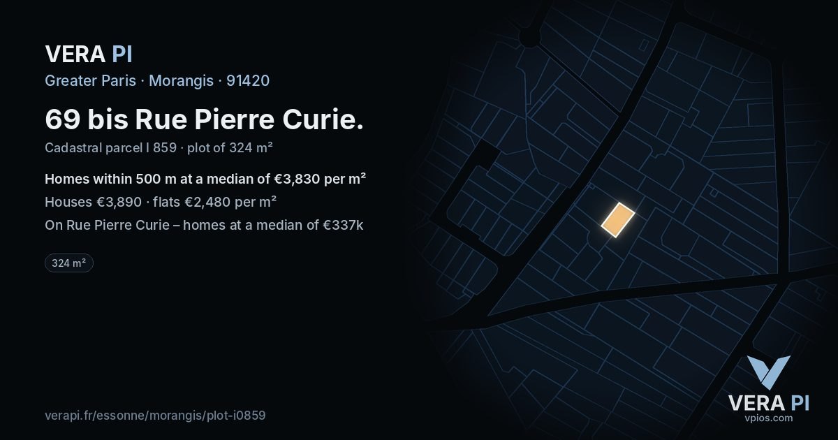 69 bis Rue Pierre Curie, Morangis at night – the plot lit, the parcels around coloured by the prices near them