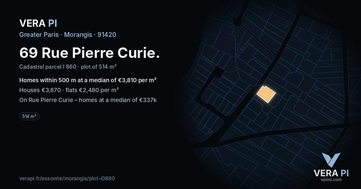 69 Rue Pierre Curie, Morangis at night – the plot lit, the parcels around coloured by the prices near them