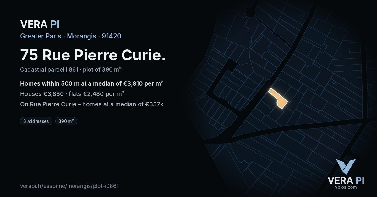 75 Rue Pierre Curie, Morangis at night – the plot lit, the parcels around coloured by the prices near them