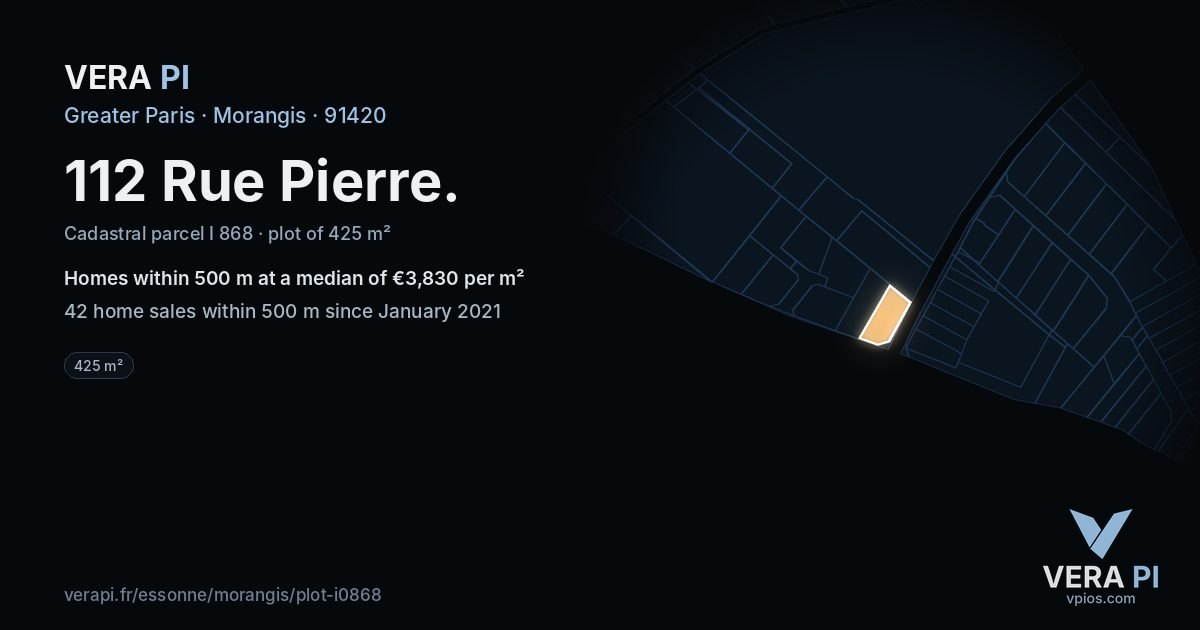 112 Rue Pierre, Morangis at night – the plot lit, the parcels around coloured by the prices near them