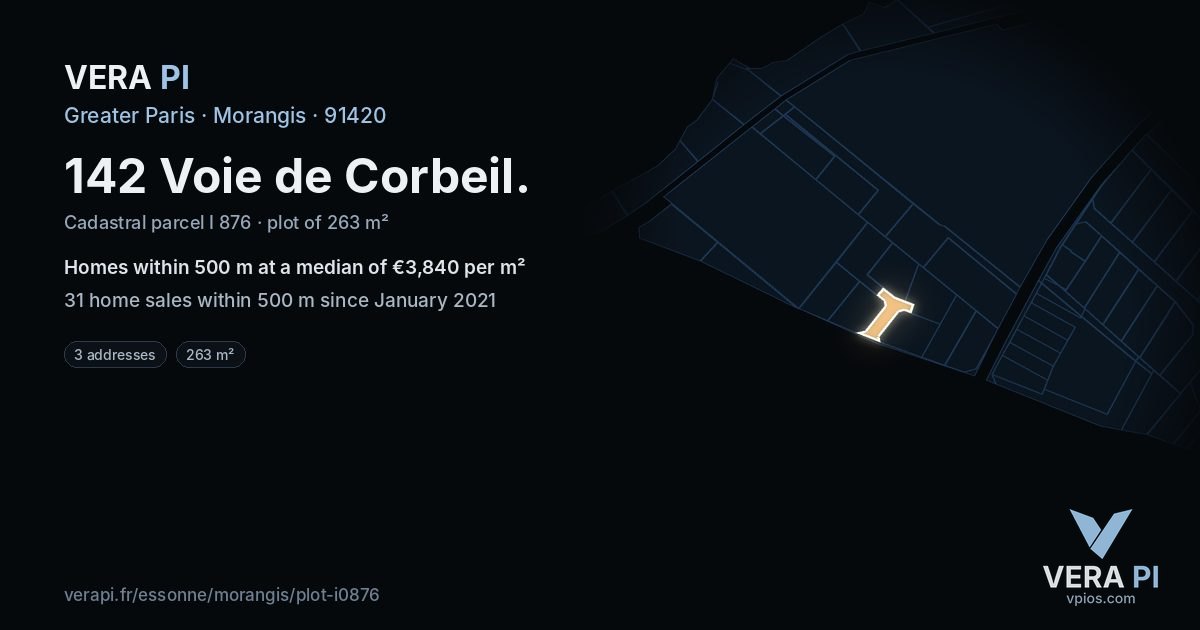 142 Voie de Corbeil, Morangis at night – the plot lit, the parcels around coloured by the prices near them