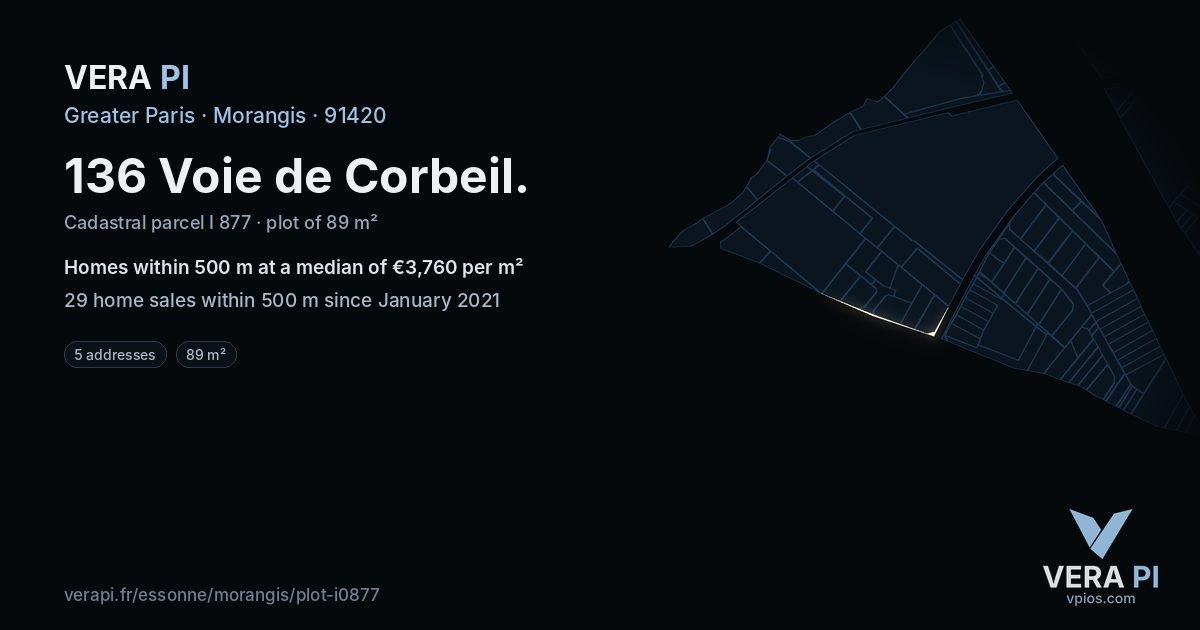 136 Voie de Corbeil, Morangis at night – the plot lit, the parcels around coloured by the prices near them