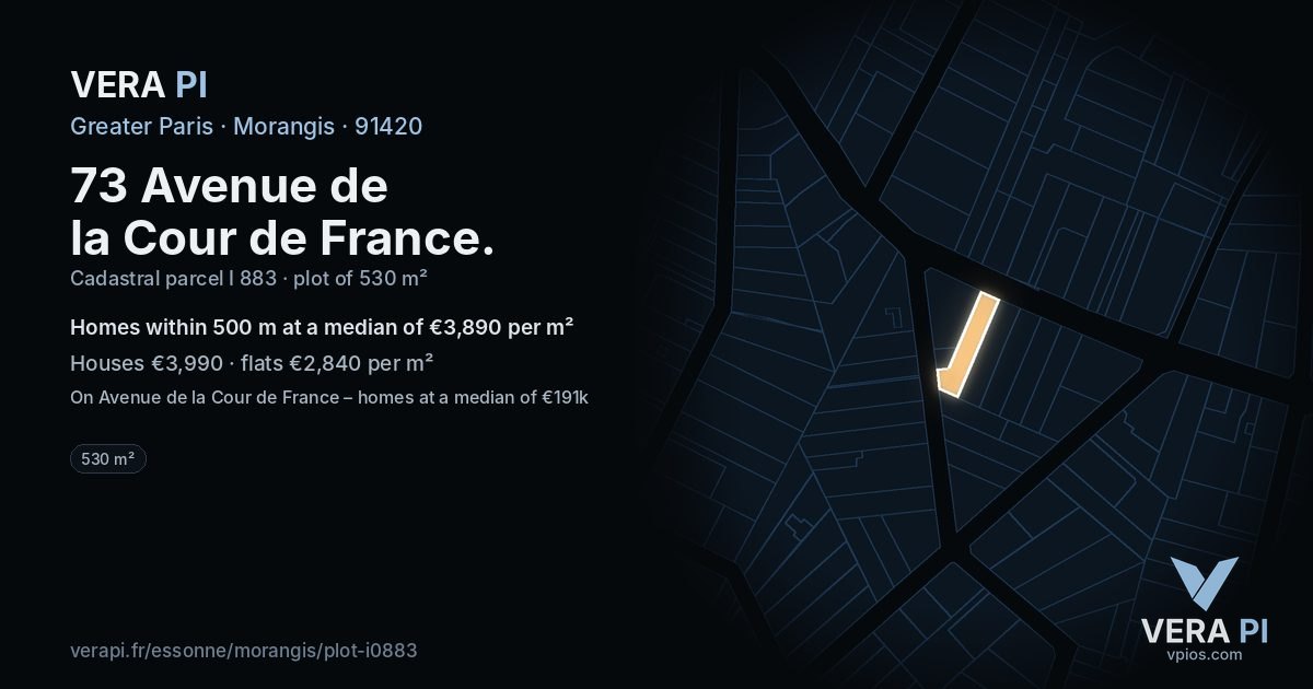 73 Avenue de la Cour de France, Morangis at night – the plot lit, the parcels around coloured by the prices near them
