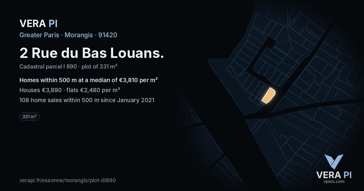 2 Rue du Bas Louans, Morangis at night – the plot lit, the parcels around coloured by the prices near them