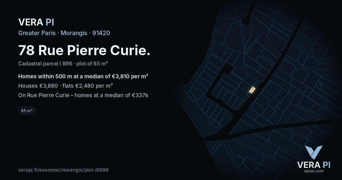 78 Rue Pierre Curie, Morangis at night – the plot lit, the parcels around coloured by the prices near them