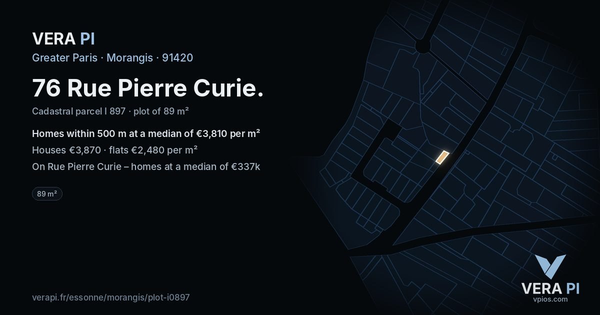 76 Rue Pierre Curie, Morangis at night – the plot lit, the parcels around coloured by the prices near them