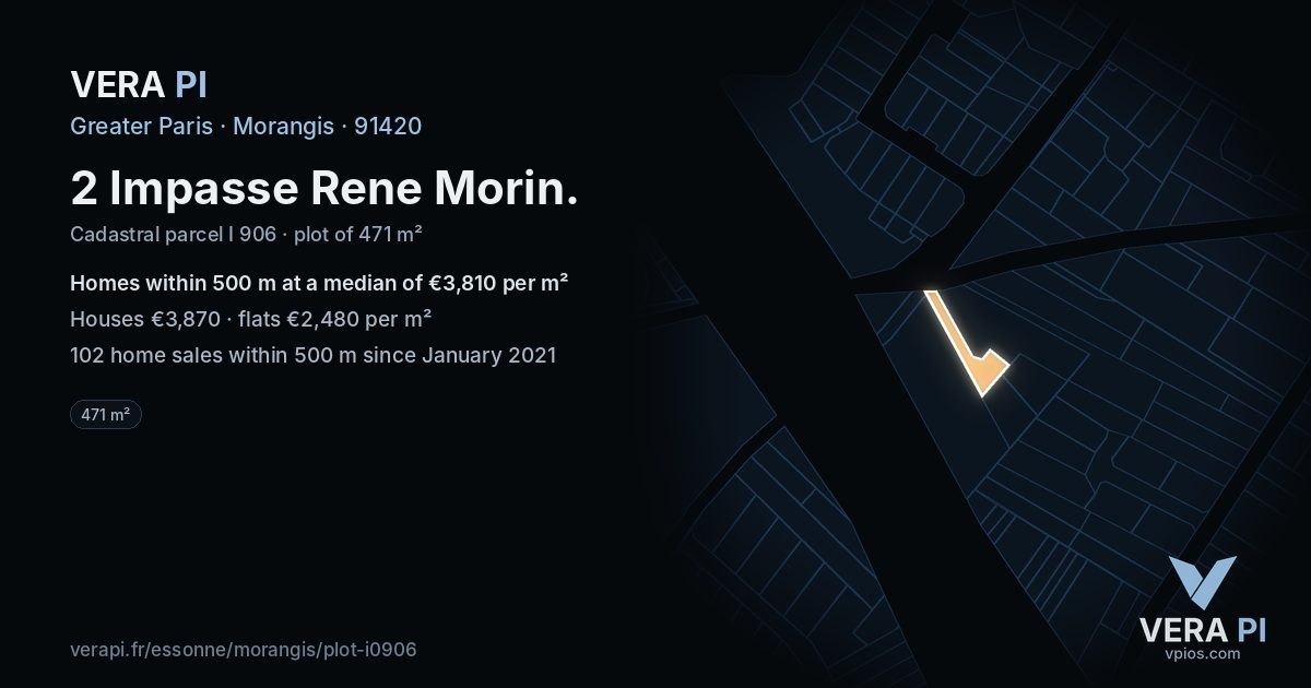 2 Impasse Rene Morin, Morangis at night – the plot lit, the parcels around coloured by the prices near them