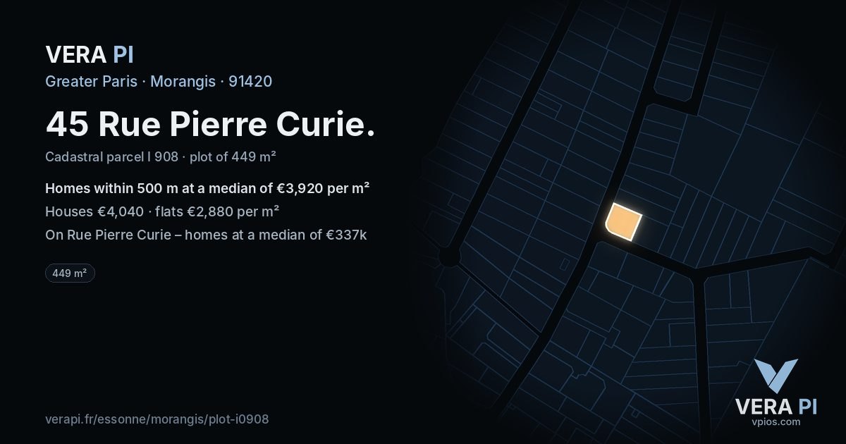45 Rue Pierre Curie, Morangis at night – the plot lit, the parcels around coloured by the prices near them