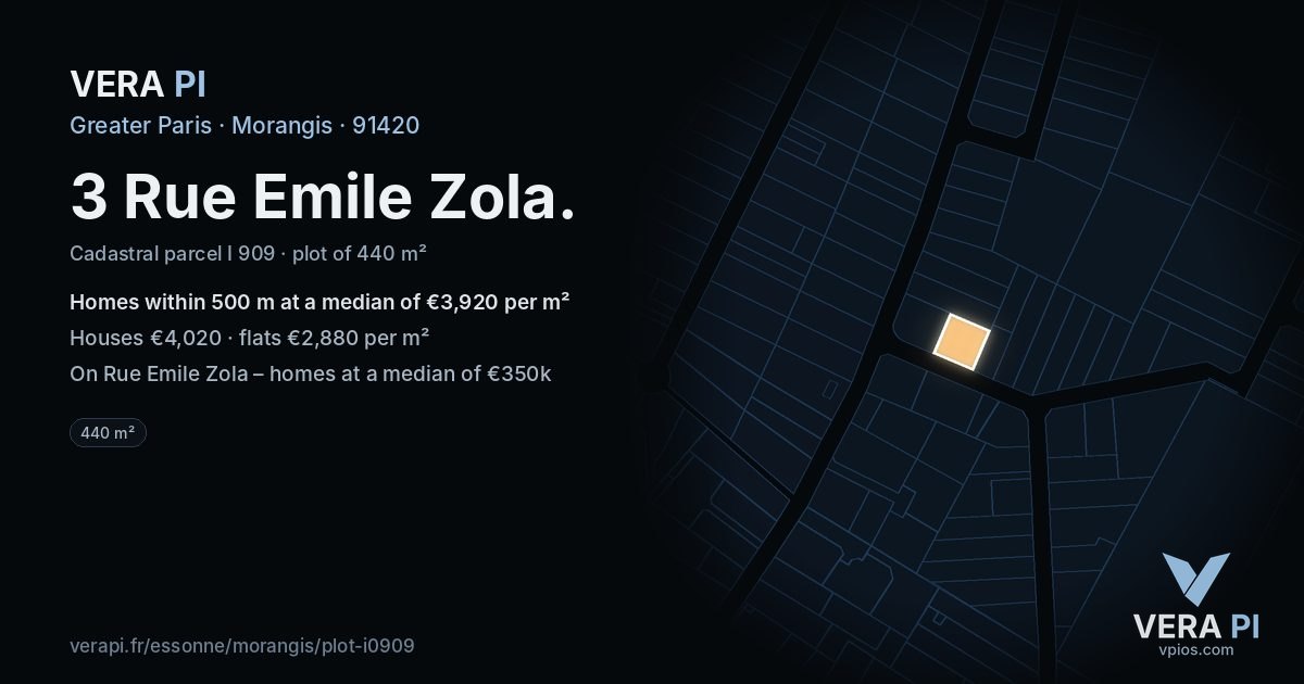 3 Rue Emile Zola, Morangis at night – the plot lit, the parcels around coloured by the prices near them