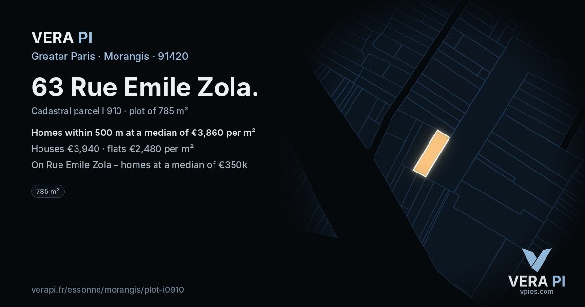 63 Rue Emile Zola, Morangis at night – the plot lit, the parcels around coloured by the prices near them