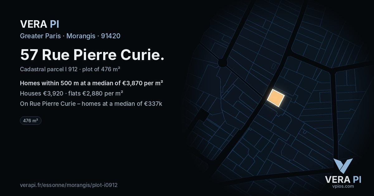 57 Rue Pierre Curie, Morangis at night – the plot lit, the parcels around coloured by the prices near them