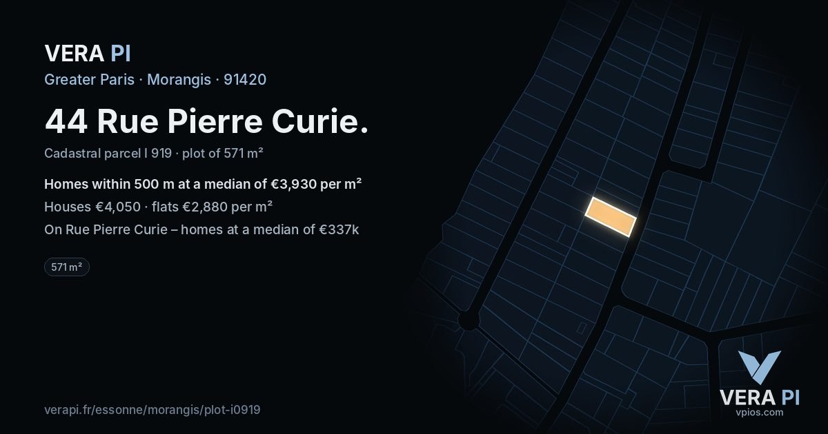 44 Rue Pierre Curie, Morangis at night – the plot lit, the parcels around coloured by the prices near them