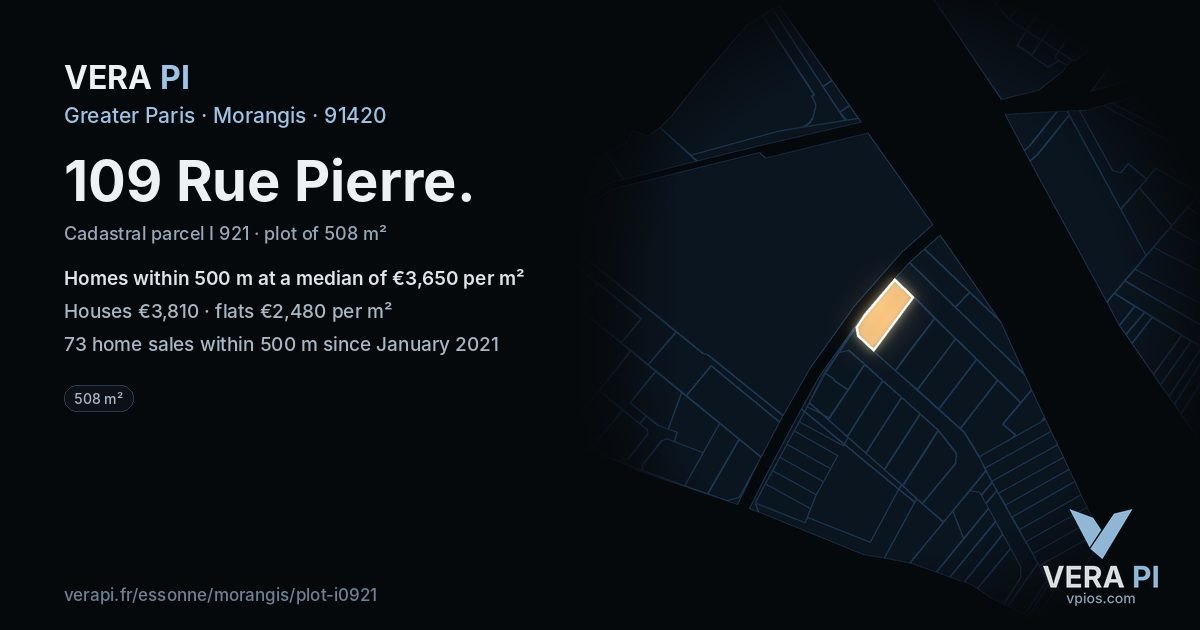 109 Rue Pierre, Morangis at night – the plot lit, the parcels around coloured by the prices near them