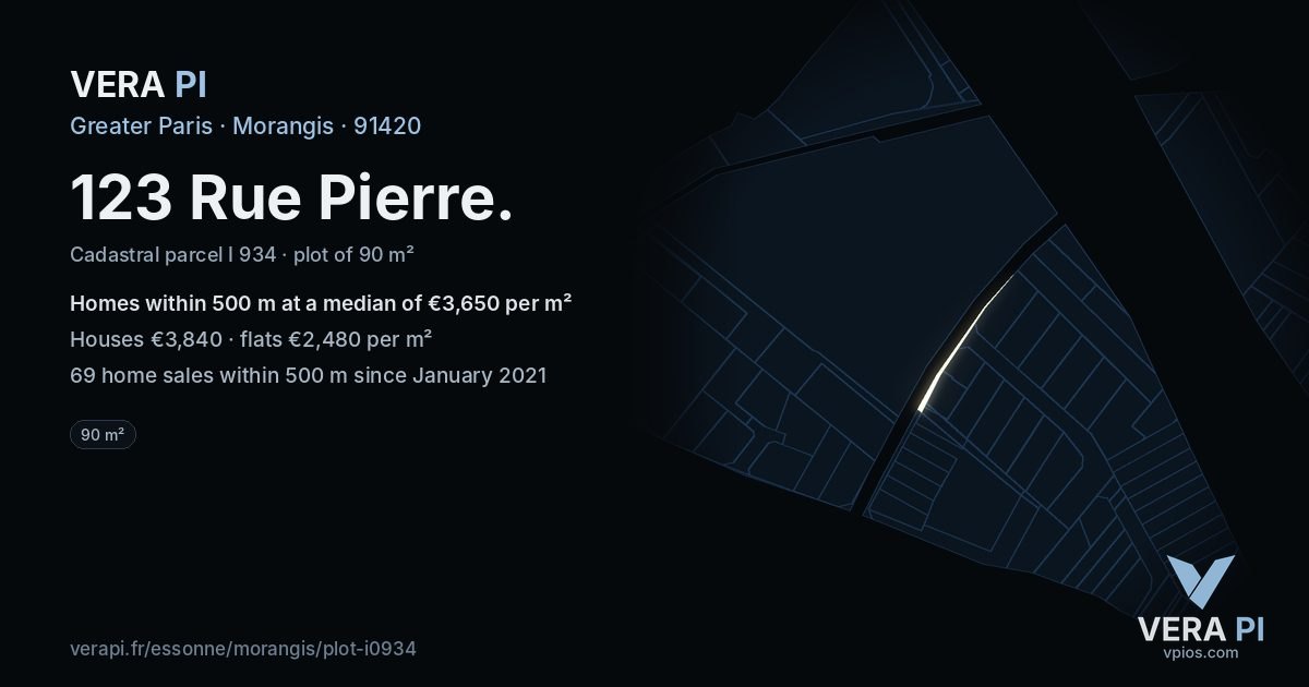 123 Rue Pierre, Morangis at night – the plot lit, the parcels around coloured by the prices near them