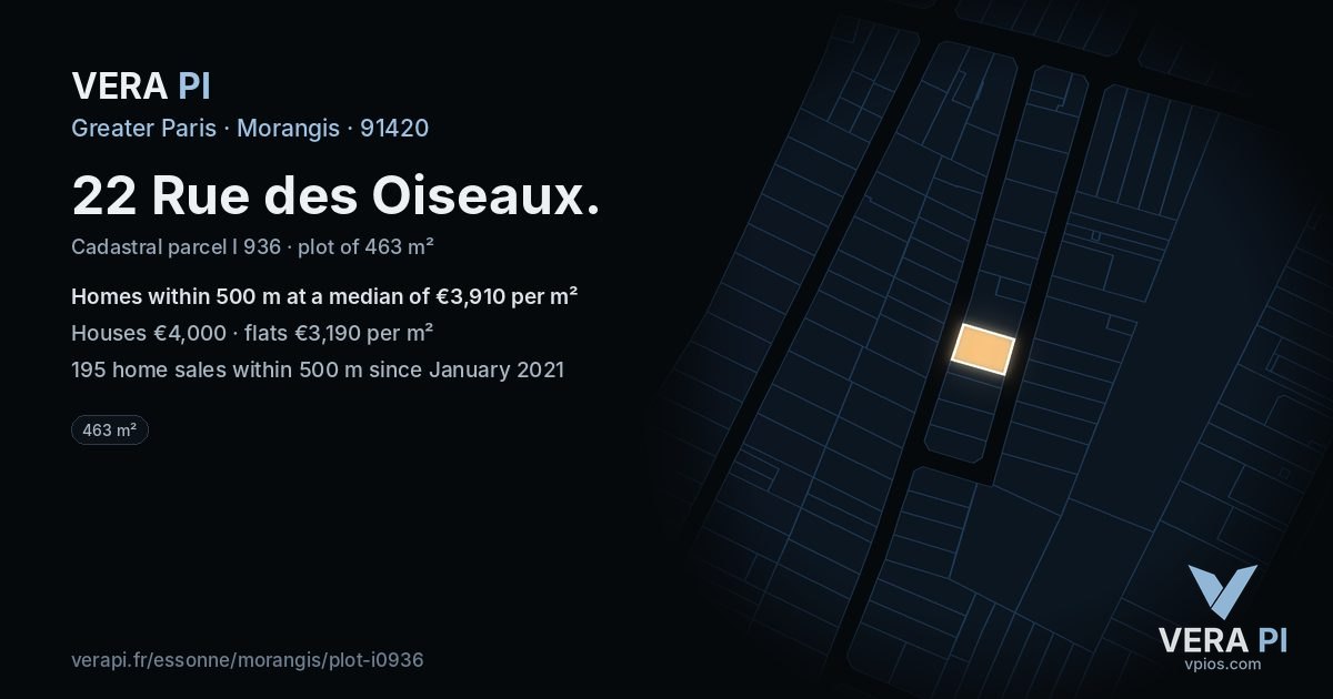 22 Rue des Oiseaux, Morangis at night – the plot lit, the parcels around coloured by the prices near them