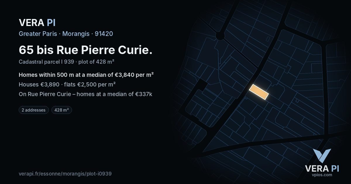 65 bis Rue Pierre Curie, Morangis at night – the plot lit, the parcels around coloured by the prices near them