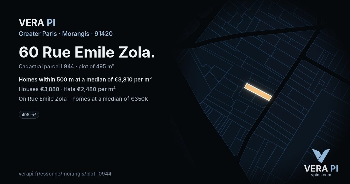 60 Rue Emile Zola, Morangis at night – the plot lit, the parcels around coloured by the prices near them