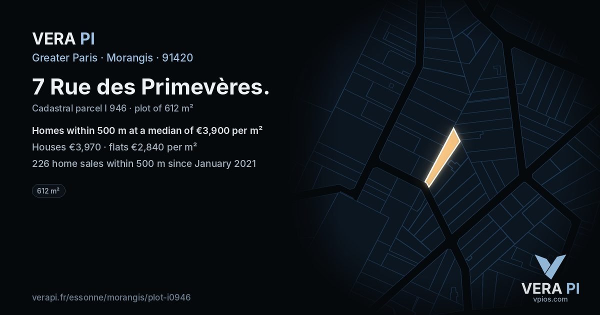 7 Rue des Primevères, Morangis at night – the plot lit, the parcels around coloured by the prices near them