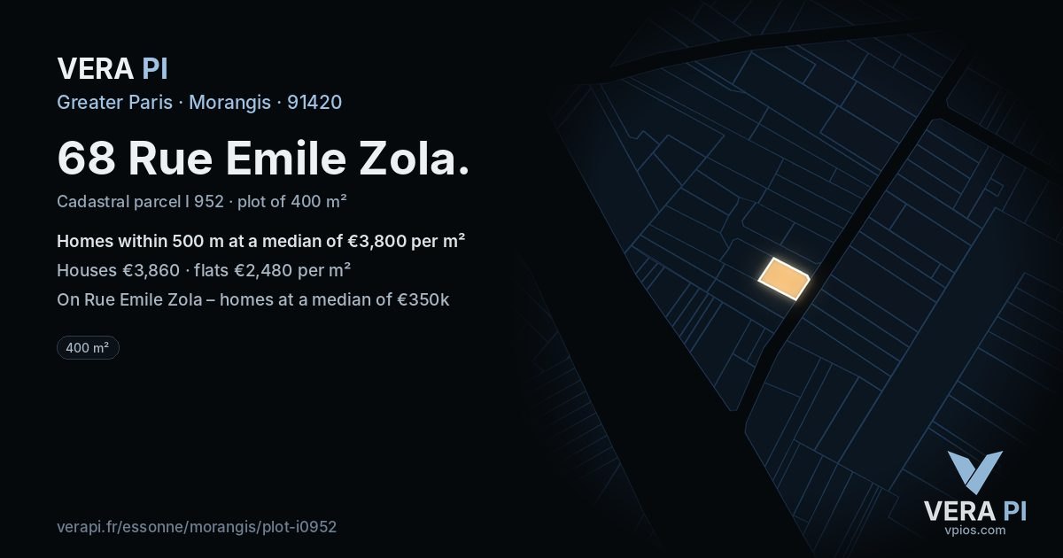 68 Rue Emile Zola, Morangis at night – the plot lit, the parcels around coloured by the prices near them