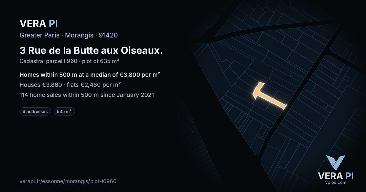 3 Rue de la Butte aux Oiseaux, Morangis at night – the plot lit, the parcels around coloured by the prices near them