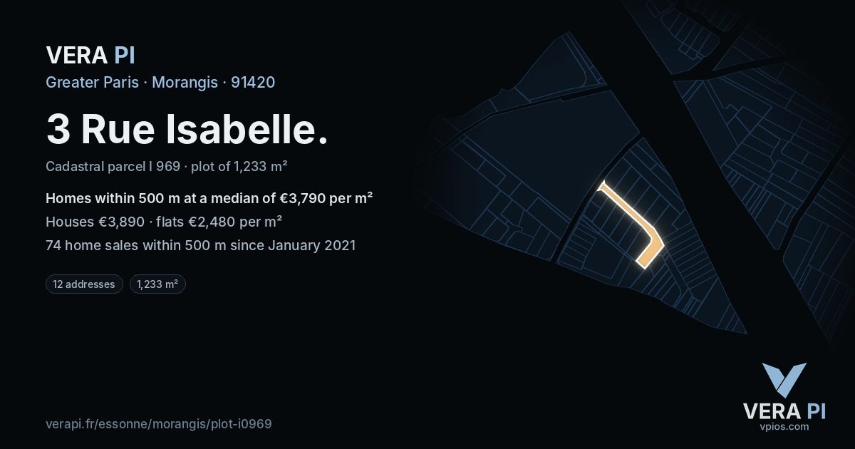 3 Rue Isabelle, Morangis at night – the plot lit, the parcels around coloured by the prices near them