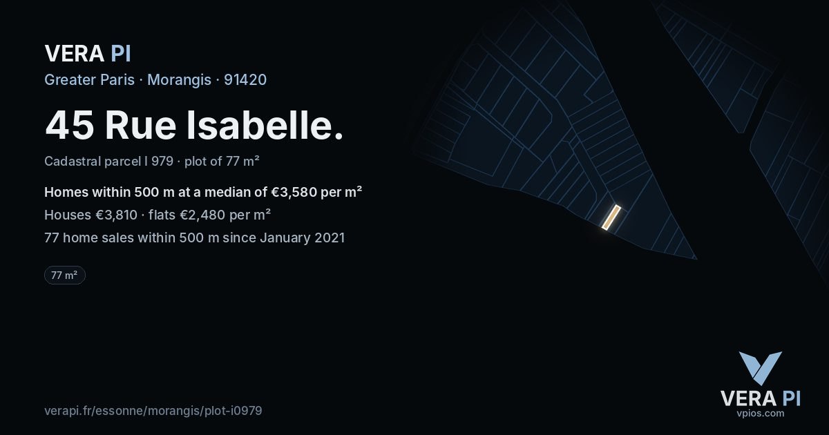 45 Rue Isabelle, Morangis at night – the plot lit, the parcels around coloured by the prices near them