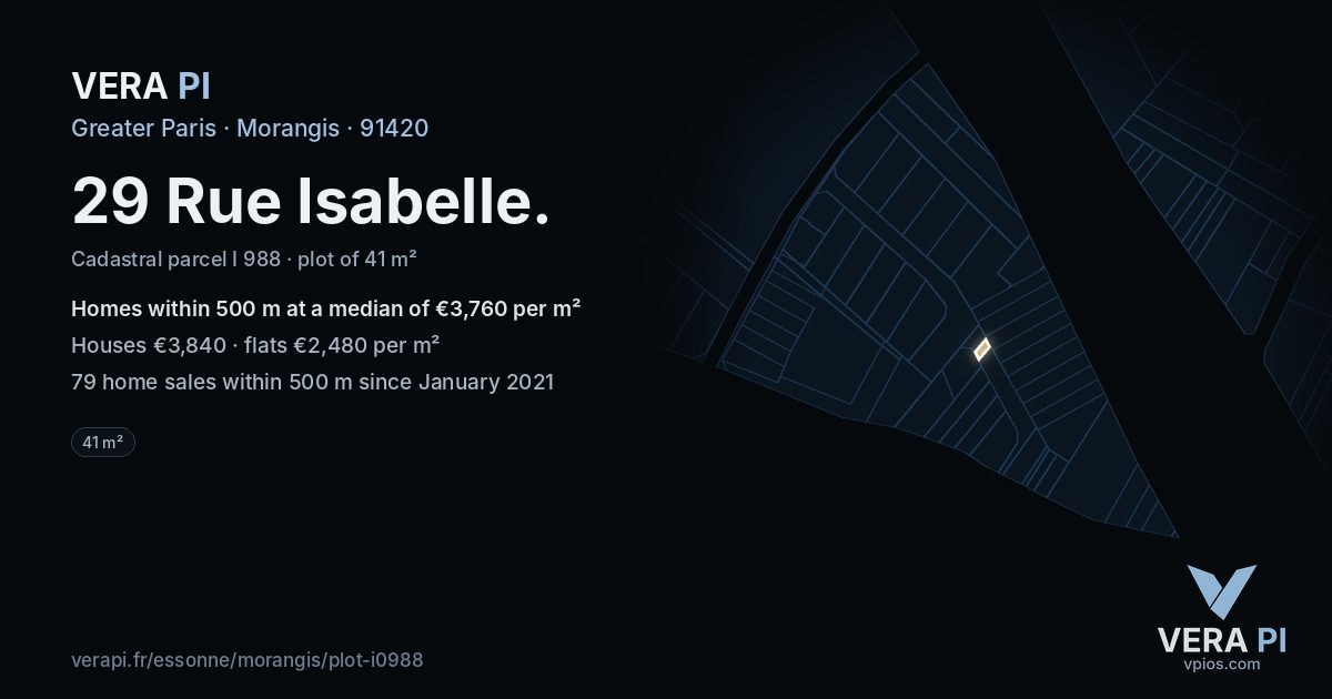 29 Rue Isabelle, Morangis at night – the plot lit, the parcels around coloured by the prices near them