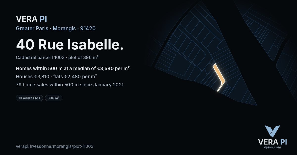 40 Rue Isabelle, Morangis at night – the plot lit, the parcels around coloured by the prices near them