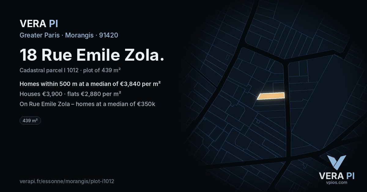 18 Rue Emile Zola, Morangis at night – the plot lit, the parcels around coloured by the prices near them