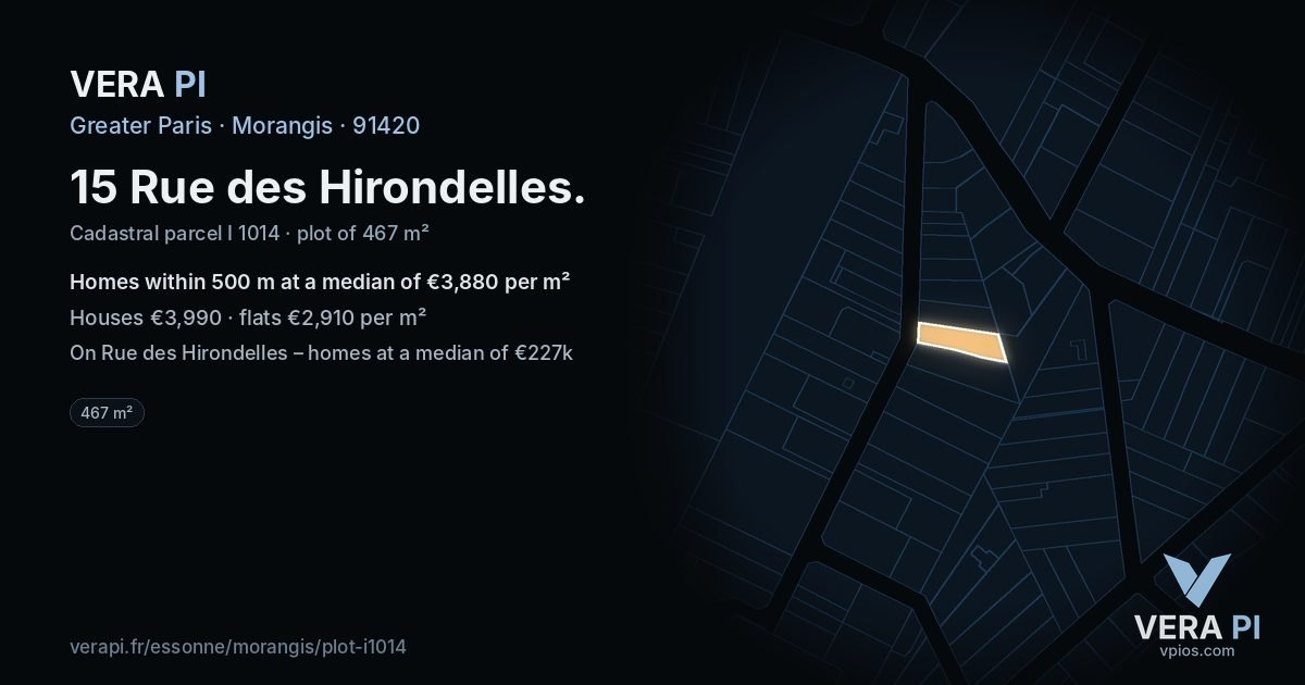 15 Rue des Hirondelles, Morangis at night – the plot lit, the parcels around coloured by the prices near them