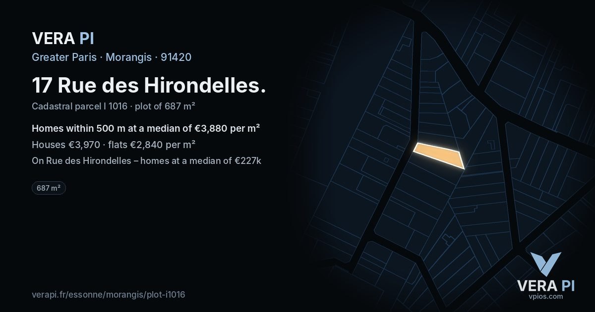 17 Rue des Hirondelles, Morangis at night – the plot lit, the parcels around coloured by the prices near them