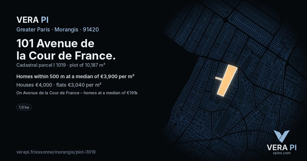 101 Avenue de la Cour de France, Morangis at night – the plot lit, the parcels around coloured by the prices near them
