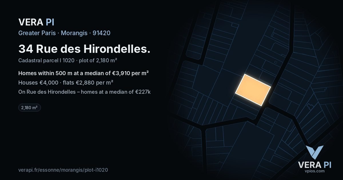 34 Rue des Hirondelles, Morangis at night – the plot lit, the parcels around coloured by the prices near them